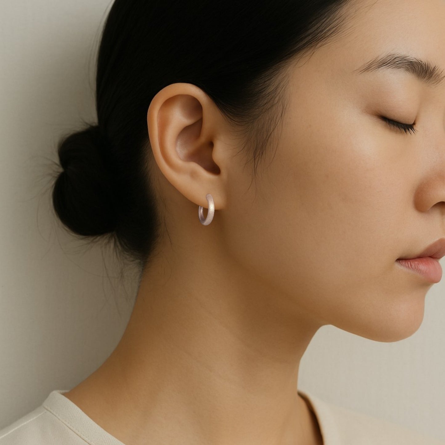 Close-up of Hermin's Tulle Textured Silver Everyday Hoops - 16mm in sterling silver with rhodium finish, crafted for elegance and durability