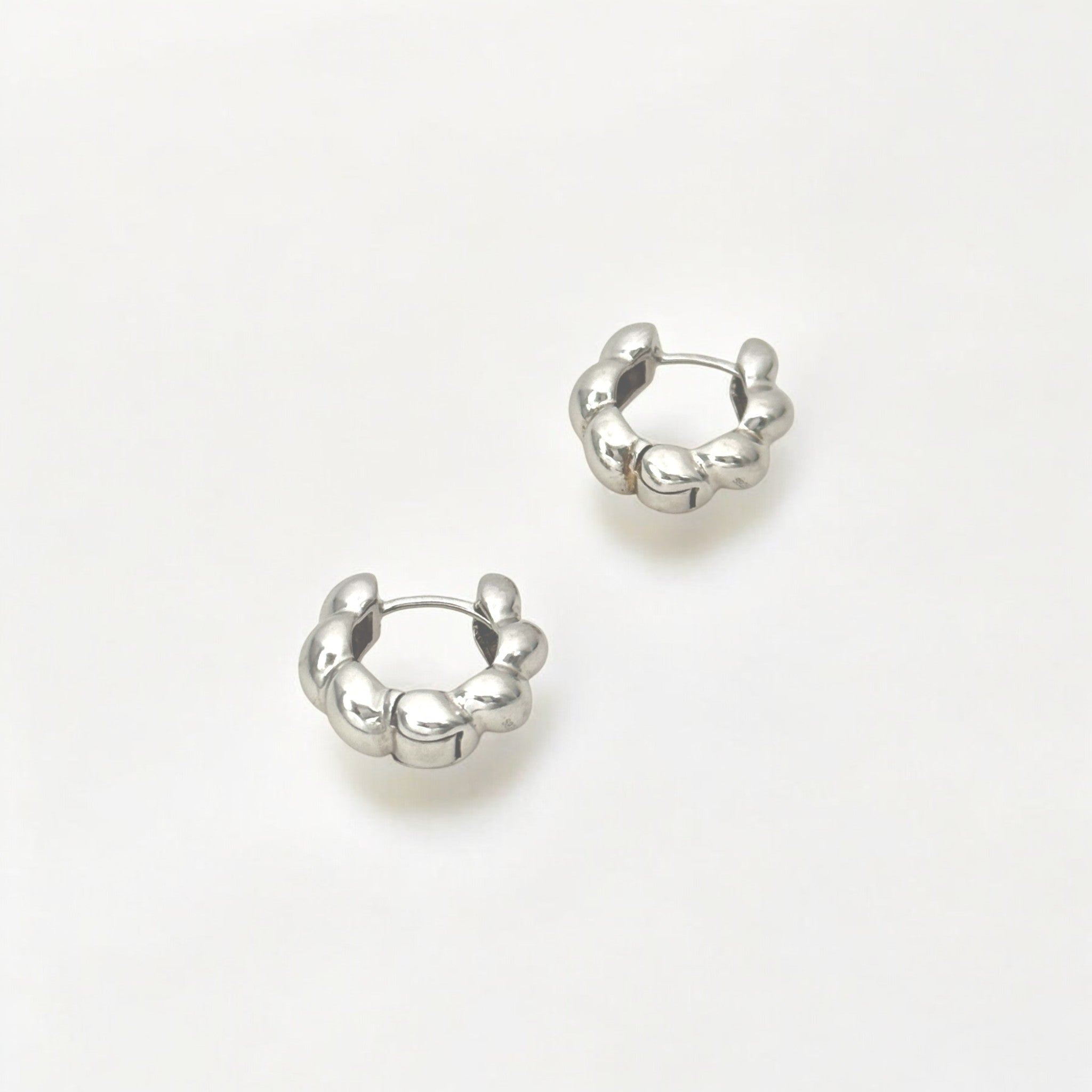 Beaded Silver Huggies Hoops - Paris made from sterling silver with rhodium finish, minimalist design by Hermin Jewelry