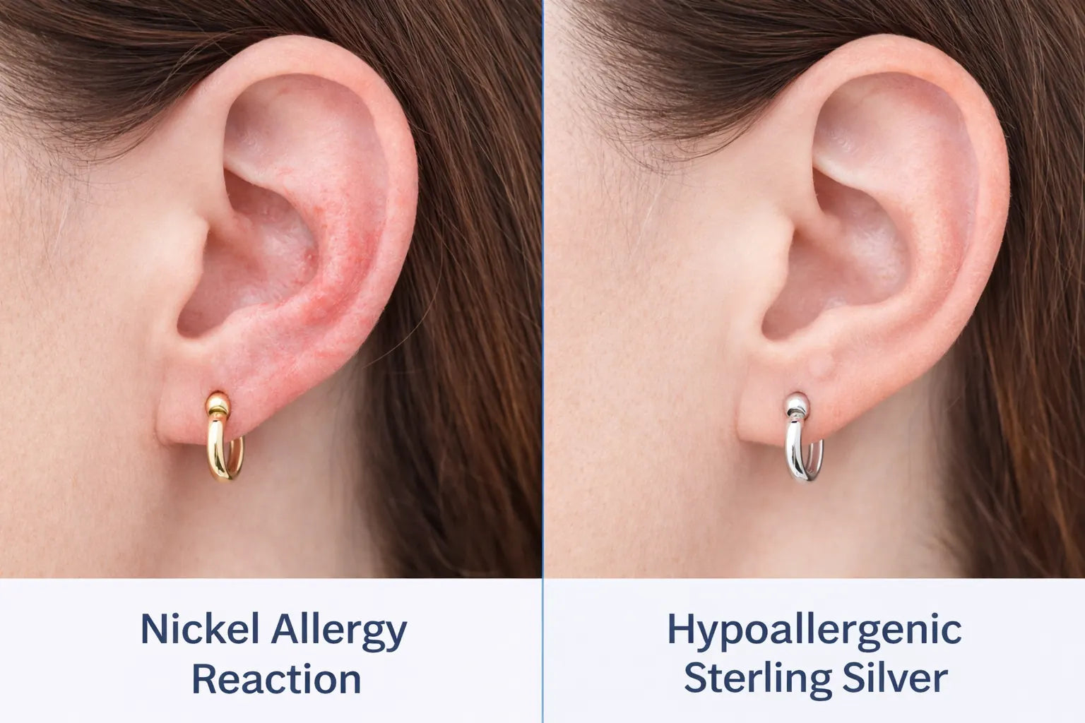 Jewelry allergy comparison - irritated skin from nickel jewelry vs healthy skin wearing hypoallergenic sterling silver ring for sensitive skin