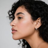Tulle Textured Silver Woven Sparkle Huggie Hoops made from sterling silver with rhodium finish, minimalist design by Hermin Jewelry