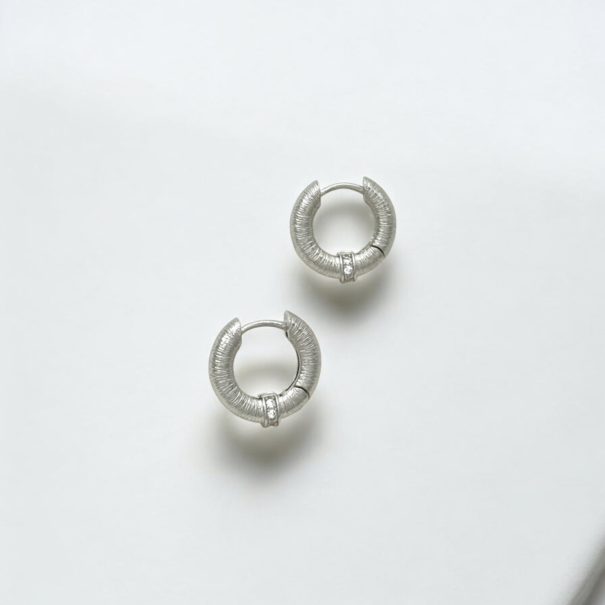 Tulle Silver Sparkle Everyday Hoops made from sterling silver with rhodium finish, minimalist design by Hermin Jewelry