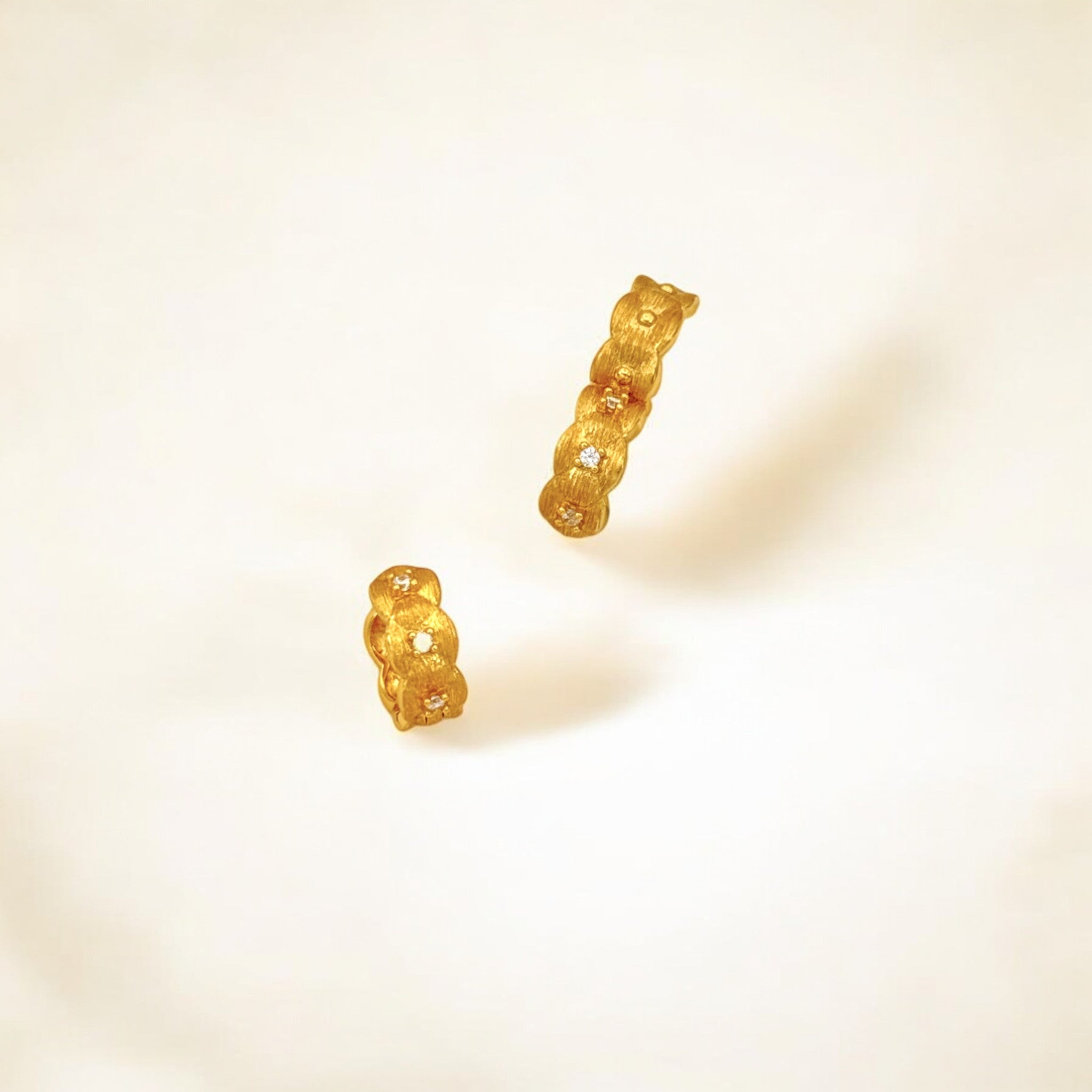 Tulle Textured Gold Woven Sparkle Huggie Hoops crafted with premium 18k gold vermeil over sterling silver, hypoallergenic and tarnish-resistant