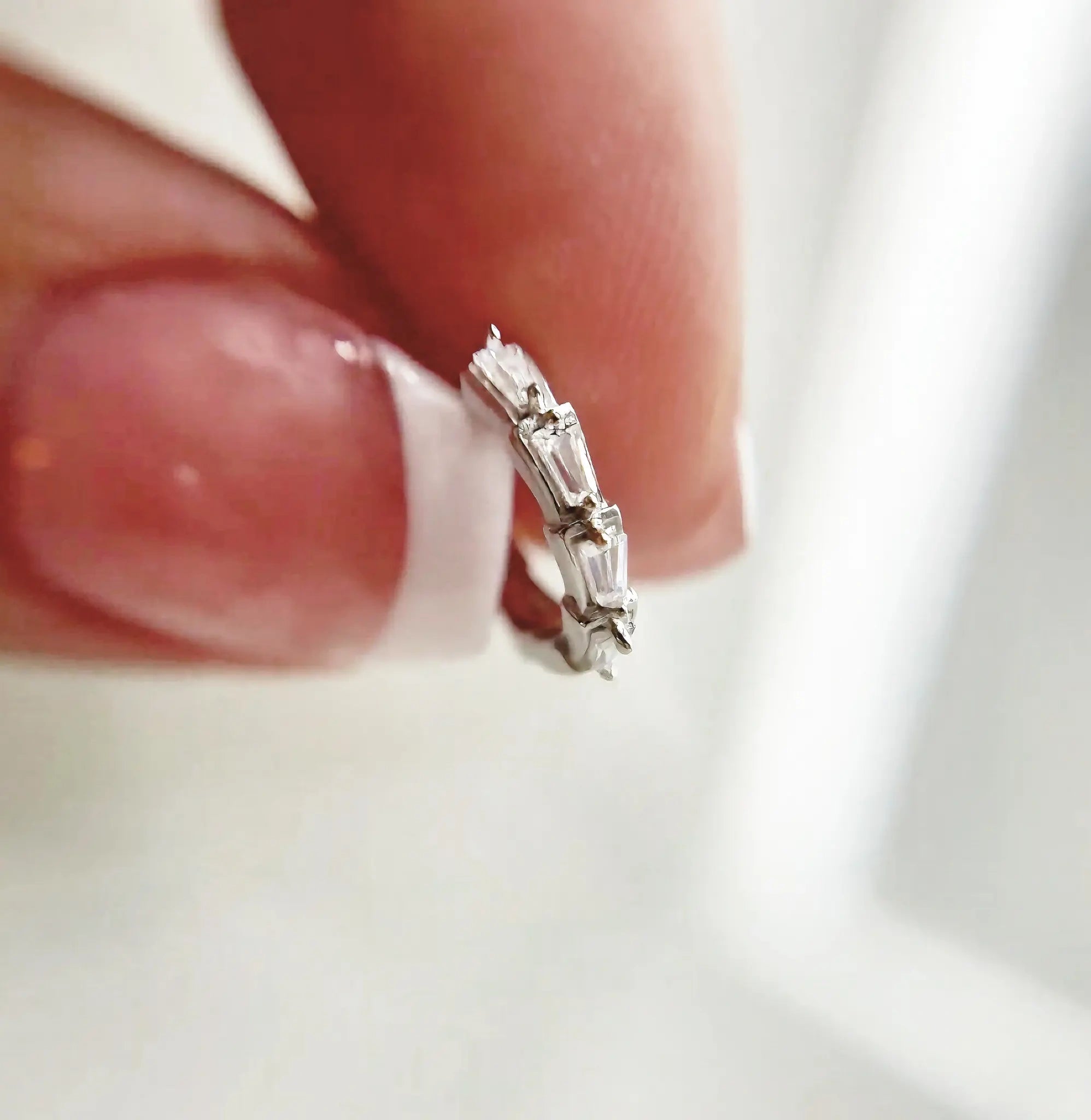 Sterling silver tapered baguette huggie hoop earrings for women with rhodium vermeil, hypoallergenic
