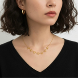 Model wearing gold petite sparkle chain necklace at collarbone
