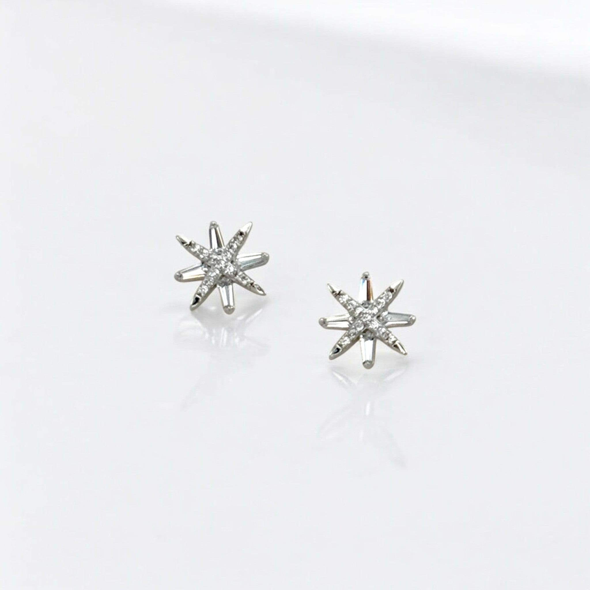 North Star Silver Stud Earrings made from sterling silver with rhodium finish, minimalist design by Hermin Jewelry