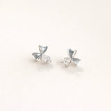 Silver mini bow stud earrings for women with blue enamel and crystal accents