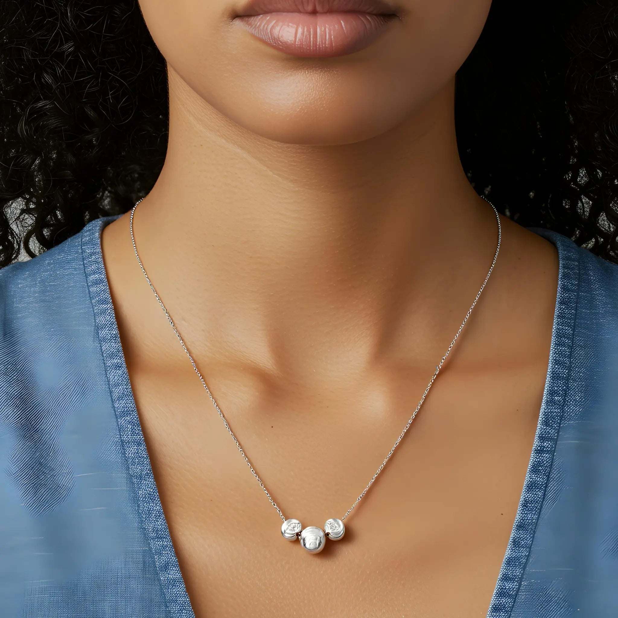 Necklace with three small round pendants on a person wearing a blue top.