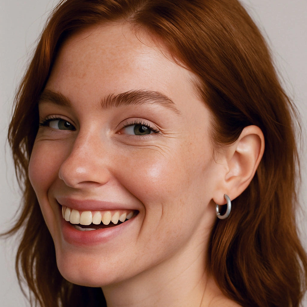 Close-up of a woman with red hair wearing a silver hoop earring against a neutral background